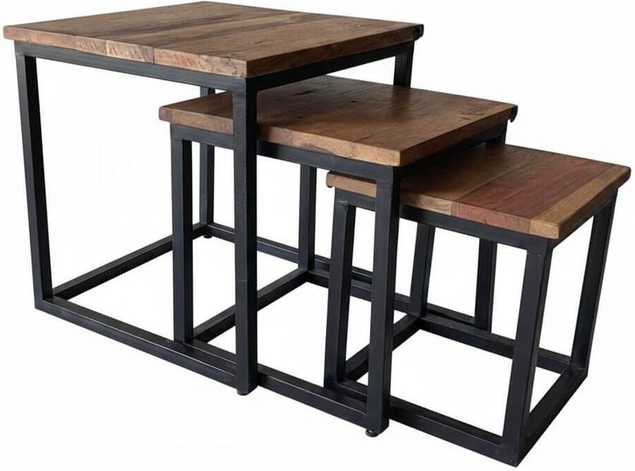 The wooden house Bijzettafel Set van 3 – Mangohout & Metaal – Compact Nesting Design - Foto 2