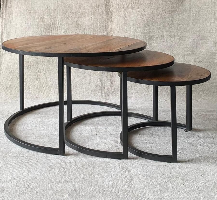 The wooden house Bijzettafel Set van 3 – Mangohouten Tafelset – Vintage Look