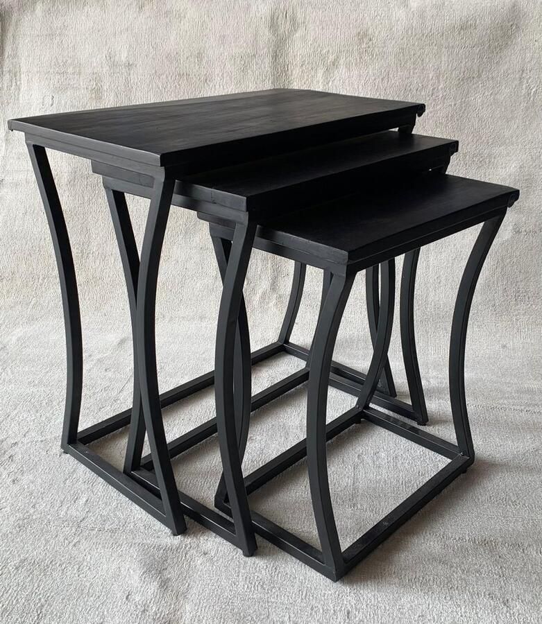The wooden house Bijzettafel Set van 3 – Zwart Mangohout & Metaal – Industrieel Nesting Design
