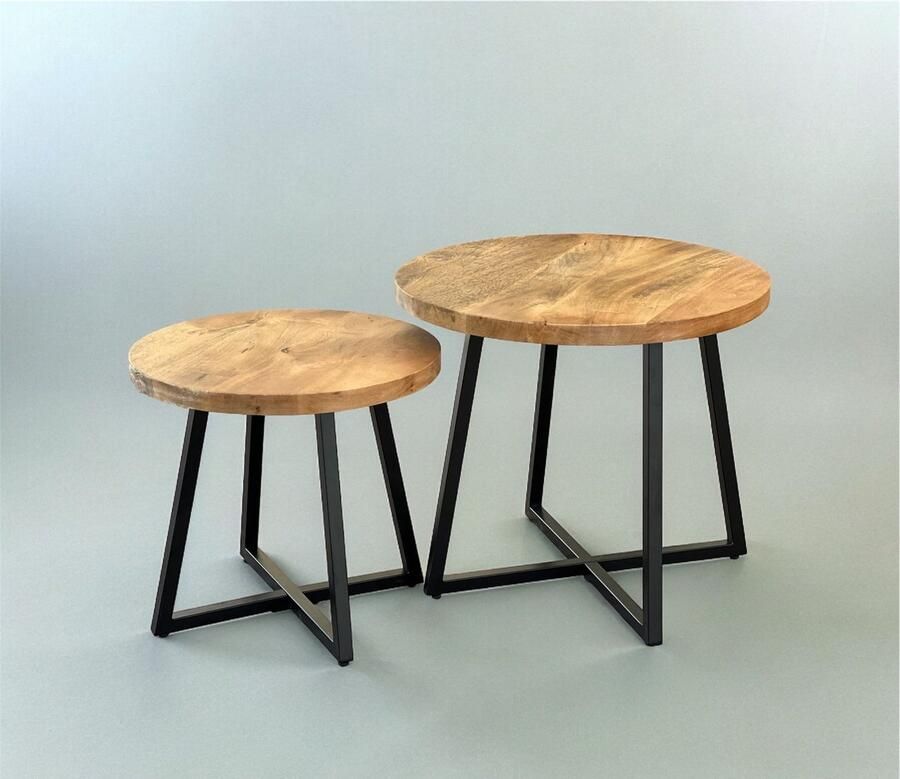 The wooden house Bijzettafelset – Set van 2 – Rond Mangohout & Metaal – Industrieel Design met Kruisframe