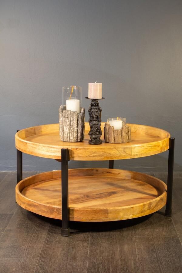 The wooden house Salontafel – Rond Mangohout & Metaal – 2-Lagen Tafel met Opstaande Rand
