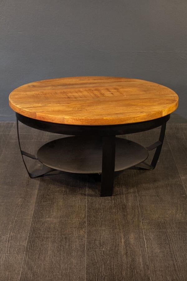 The wooden house Salontafel – Rond Mangohout & Metaal – Industrieel met Extra Opbergniveau