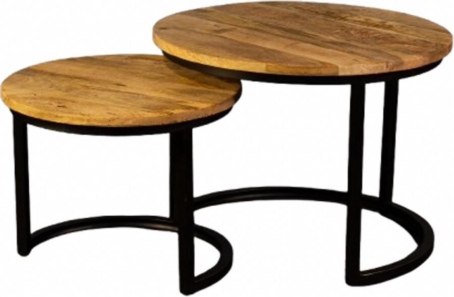 The wooden house Salontafel Set van 2 Rond – Mangohout met Zwart Metaal – Industrieel – Salontafel Mangohout Zwart – Bijzettafel Rond Hout – Set van 2- 55cm x 55cm x 40 cm - Foto 2