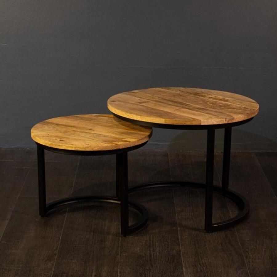 The wooden house Salontafel Set van 2 Rond – Mangohout met Zwart Metaal – Industrieel – Salontafel Mangohout Zwart – Bijzettafel Rond Hout – Set van 2- 55cm x 55cm x 40 cm