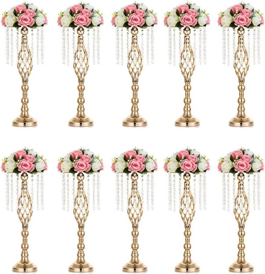 Allecto Plus Gouden Metalen Vaas 55cm Hoog met Kristallen Kralen 10 Stuks voor Bruiloft en Feest Centerpieces voor Tafels Kunstbloemstukken voor Jubileumceremonie