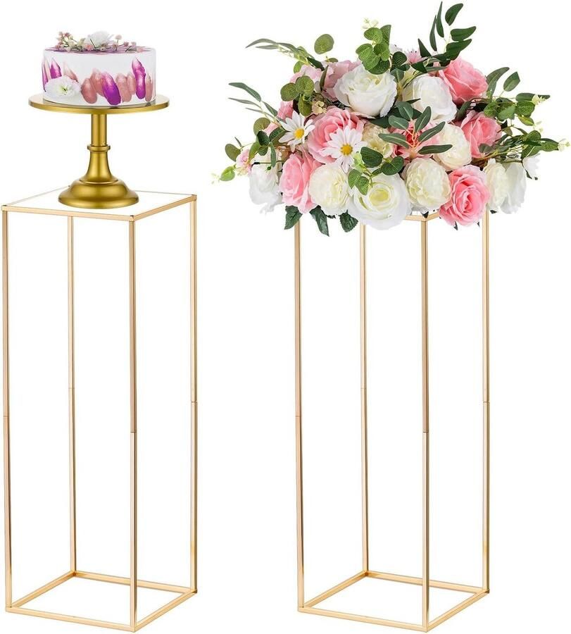 TheLau 2 Gouden Vazen voor Bruiloft Middelpunt Tafels Metalen Bloemenvloer Vaas 80cm Hoge Bloemenvaas Rechthoekige Bloem Display
