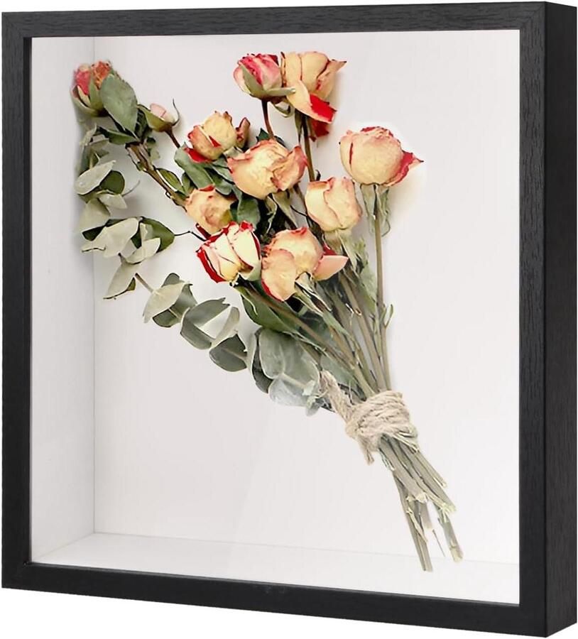 TheLau 3D Schaduwdoos voor Foto's en Decoraties Houten Fotolijst voor Medaille Bloem en Tickets Zwart Geschikt voor Muur en Tafel 22 x 22 cm
