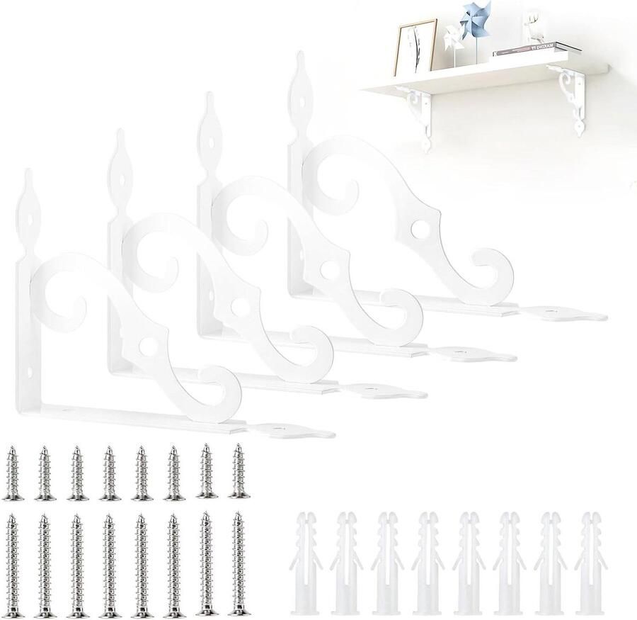 TheLau 4 stuks plankhouders wit metaal 19 cm plankhoek plankdrager vintage antieke stijl S-vormige plankhouder zware hoek wandrek zwevende wandconsole planken decoratieoplossing verstelbare standaard