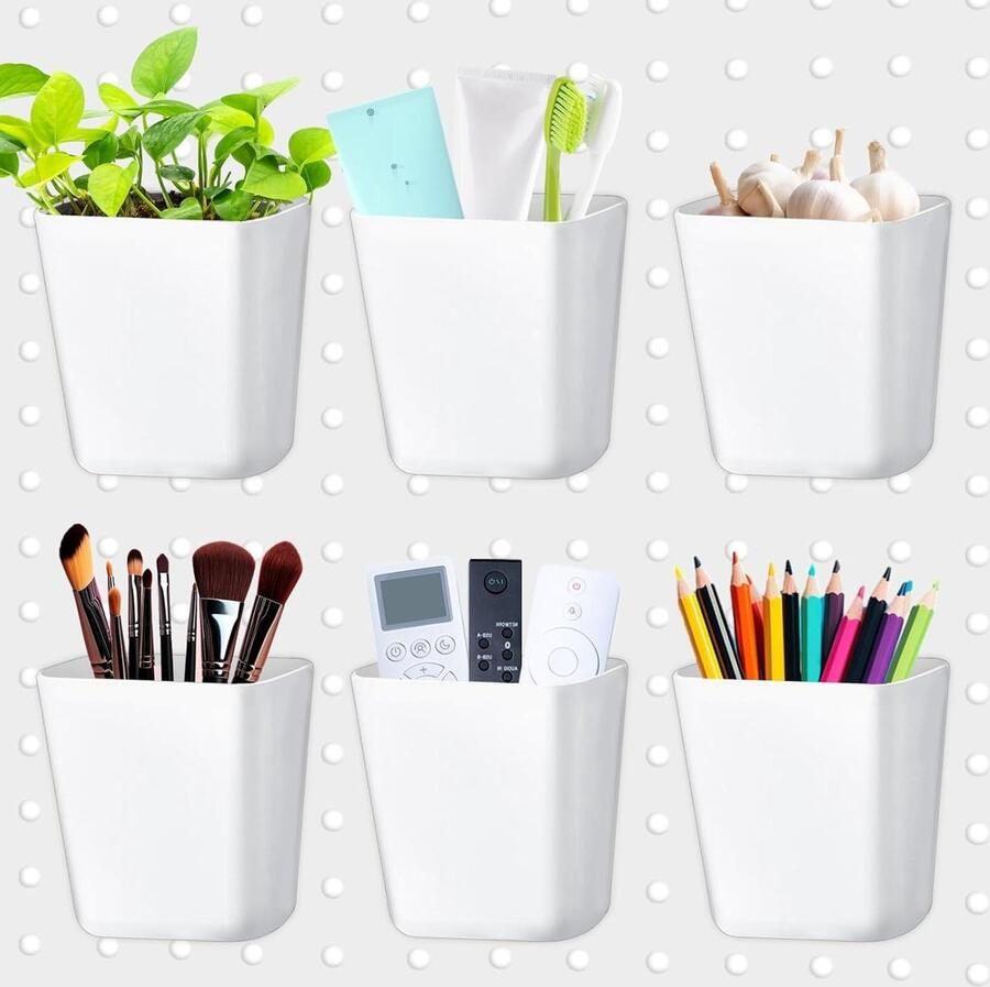 TheLau 6-delige steekbordbekerset met haken en vierkante opbergdozen voor pegboard accessoires wandorganizer voor kantoor en thuis