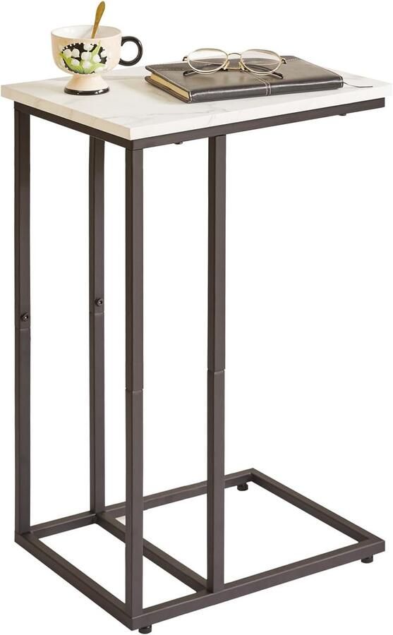 TheLau Bijzettafel in C-vorm met Wit Marmerlook en Zwart Metalen Frame voor Interieurs