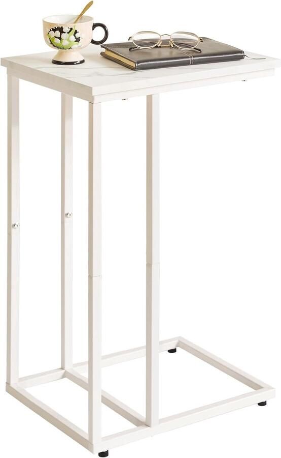 TheLau Bijzettafel met C-Vormig Ontwerp in Witte Marmerlook en Hout voor Woonkamer of Slaapkamer