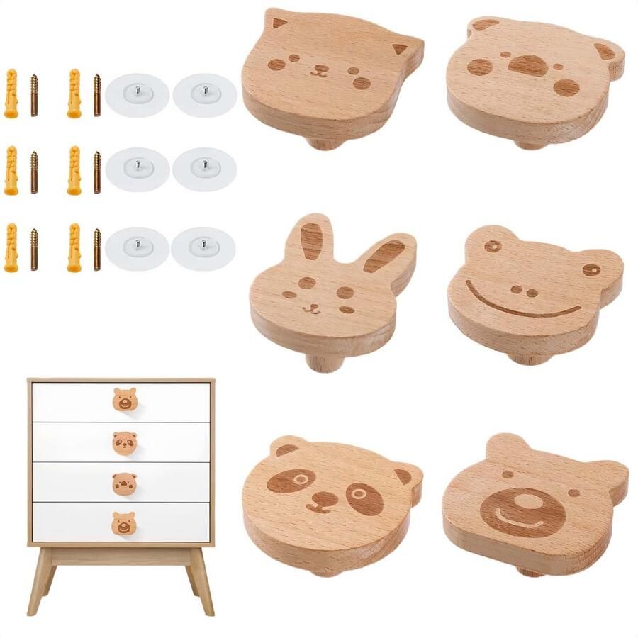 TheLau Charmante Houten Knoppen Set van 6 voor Kinderkamer Met Dierenontwerp