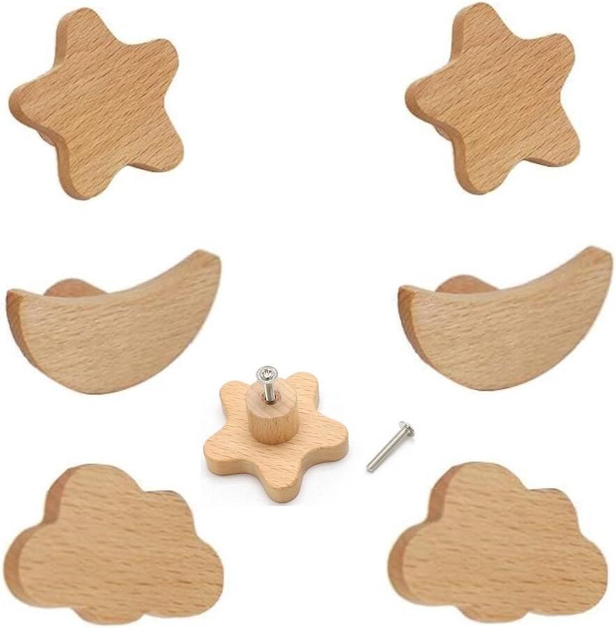 TheLau Charmante Kinderkamer Meubelknoppen Set van 6 met Ster Maan en Wolk Ontwerpen