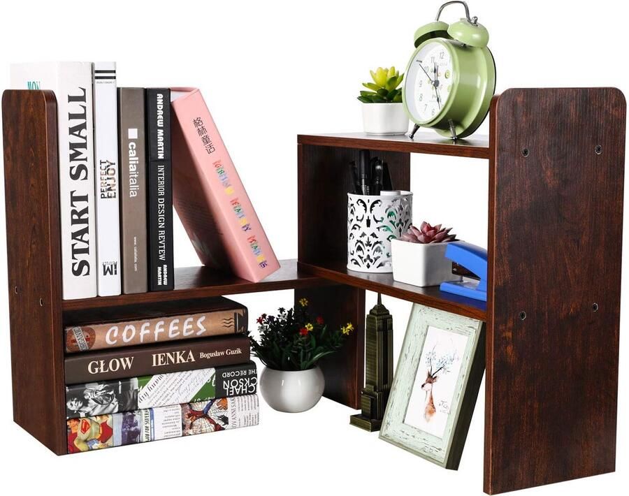TheLau Compact en Verstelbaar Houten Bureau Organizer en Boekenplank voor Kantoorbenodigdheden en Decoratie