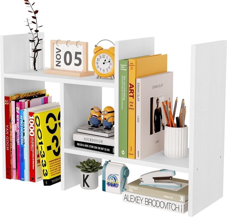 TheLau Compact en Verstelbaar Houten Bureau Organizer voor Kantoor en Thuis met Twee Schappen in Wit