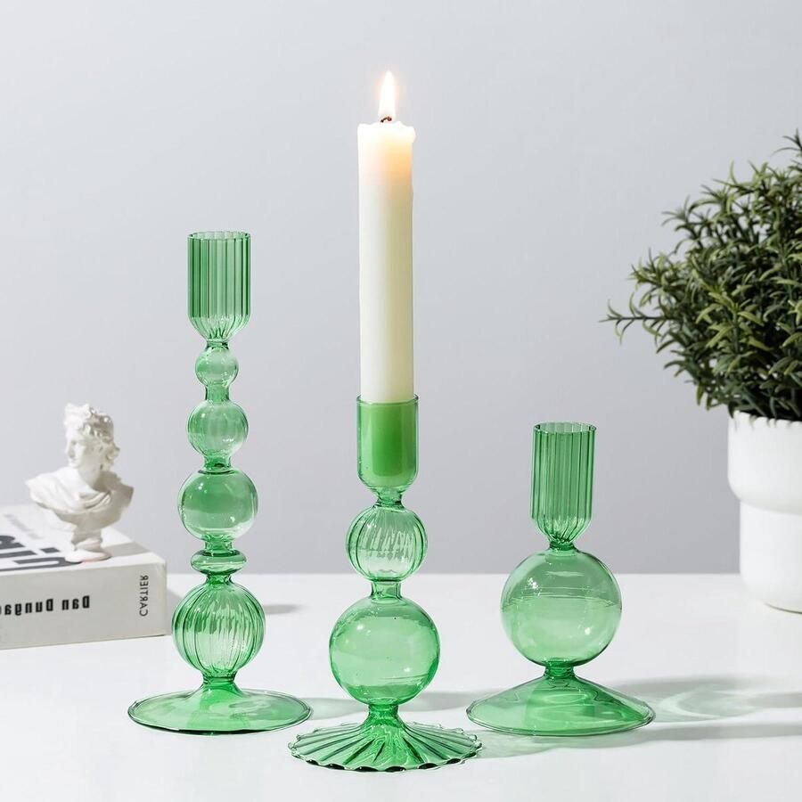 Allecto plus Set van 3 Groene Glazen Kandelaarhouders voor Home Decor Gekleurde Kaarshouders Kerst Tafel Decoraties Taper Kaarshouder met Bubbel Design