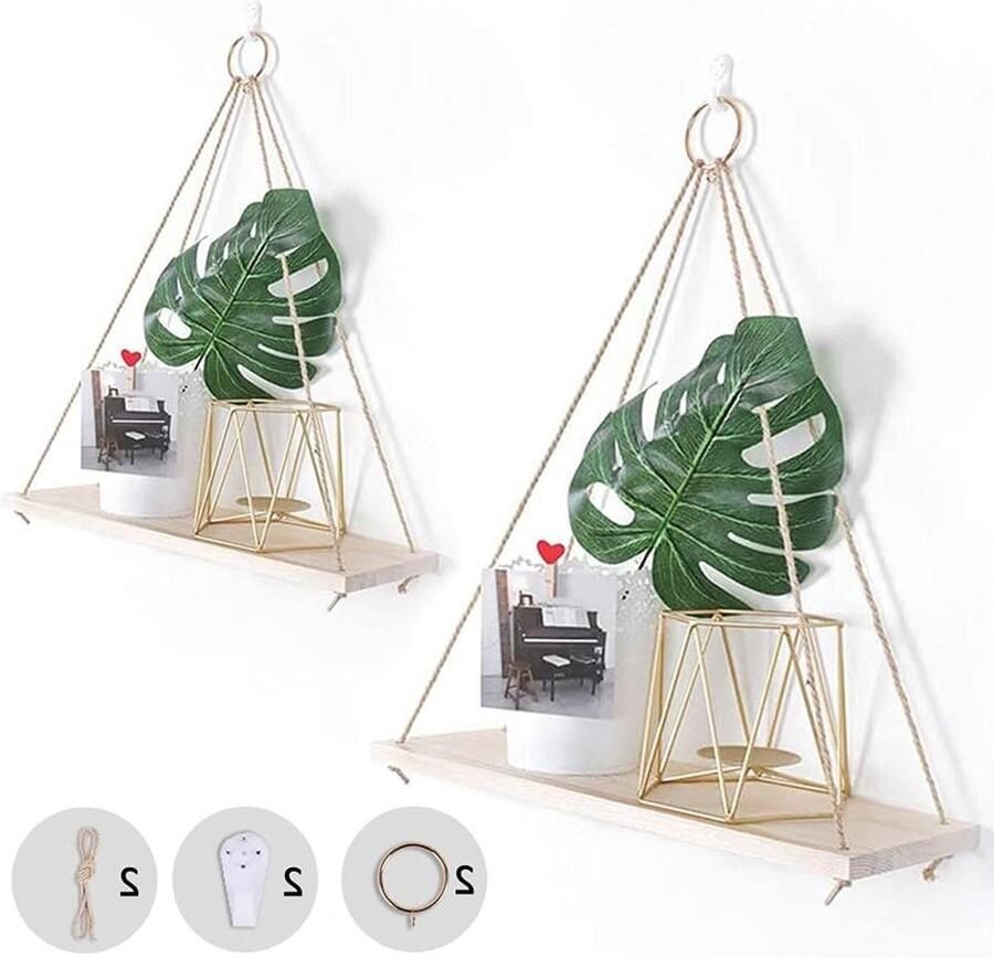 TheLau Houten hangplank in set van 2 rustieke wandrekken met jute touw en metalen ringen woondecoratie