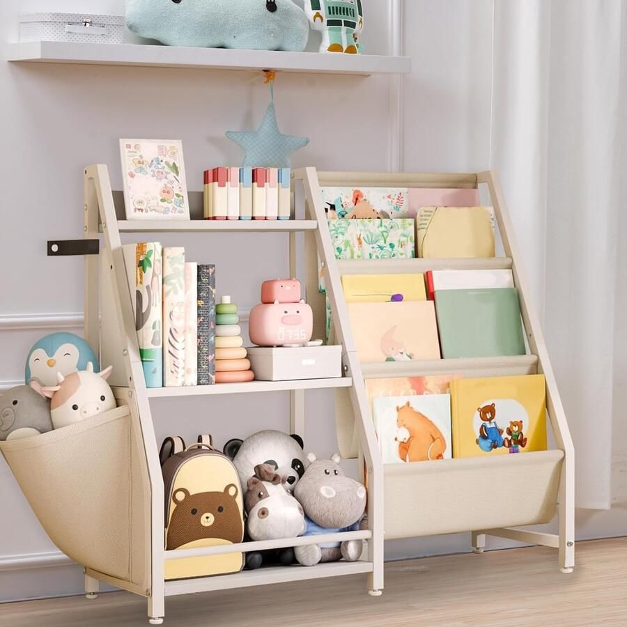 TheLau Houten Kinderboekenkast met Speelgoedopslag en Extra Zijvakken voor Kinderkamer