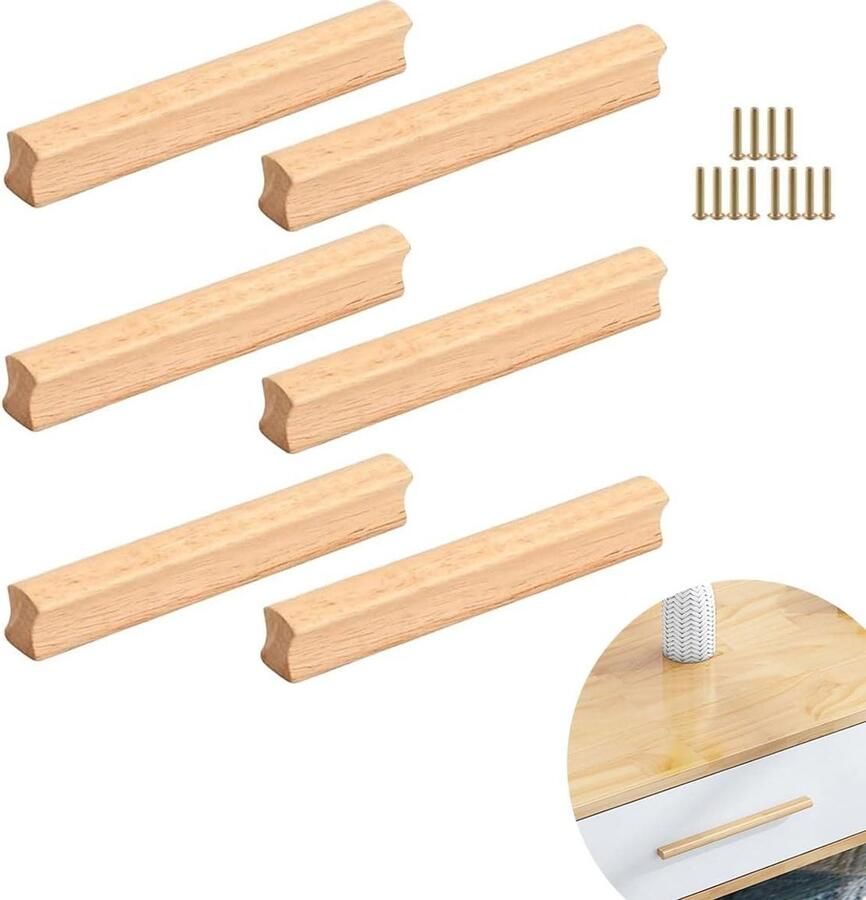 Allecto Plus Set van 6 houten meubelgrepen inclusief schroeven Gatafstand 128 mm Voor kasten badkamers kantoren en keukens