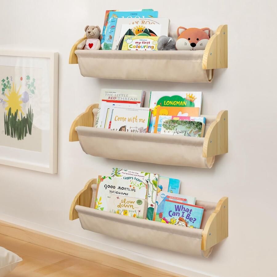 TheLau Houten Opbergplank voor Kinderkamer Multifunctioneel Wandrek 3-delige Set voor Boeken en Speelgoed