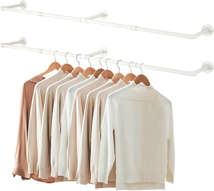 TheLau Industriële Ruimtebesparende Kledingstangen voor Muurmontage met Drie Bases Tweedelige Set Crèmekleur stuks 180 cm