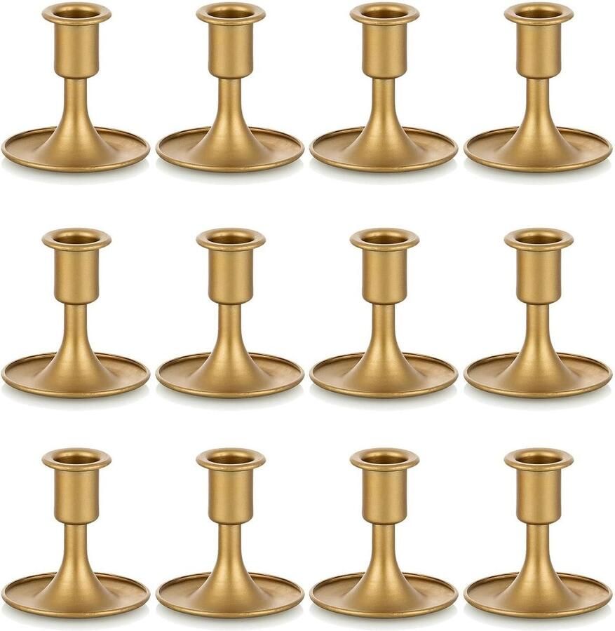 TheLau Kandelaarhouders voor Taper Kaarsen Gouden Kaarsenhouders voor Tafel Middenstuk Ideaal voor Bruiloftsreceptie en Feestelijke Kerst Mantel Decoratie Set van 12