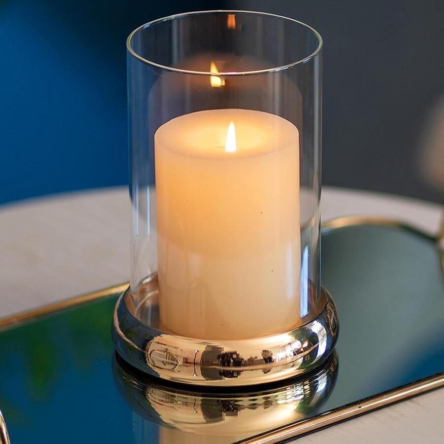 TheLau Orkaan Kaarshouder Helder Glas Pillar Kaarshouder Cilinder Lantaarn Met Metalen Dienblad Voor Schouw Haard Koffie Eettafel Decoratieve Tafel Centrastukken Voor Kerstmis Bruiloft Goud