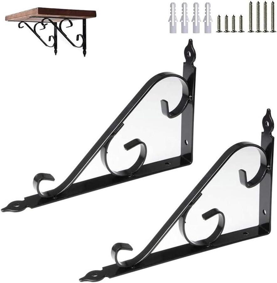 Allecto Plus Plankhouders Zwart Metaal voor Zware Belasting Set van 2 Inclusief Bevestigingsmateriaal Voor Boekenkasten Keukenplanken Badkamerplanken Wandhouder met Spreidschroeven 75 Caracters