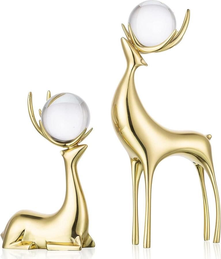 TheLau Rendiersculpturen Set van 2 Messing Hert met Kristallen Bol Hert Ornamenten voor Woonkamer Slaapkamer en Kantoor Tafel- en Manteldecoratie Kerst