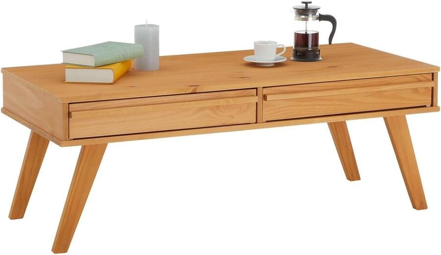 TheLau Salontafel met 2 laden in look moderne bijzettafel met houten poten elegante salontafel van massief grenen in bruin