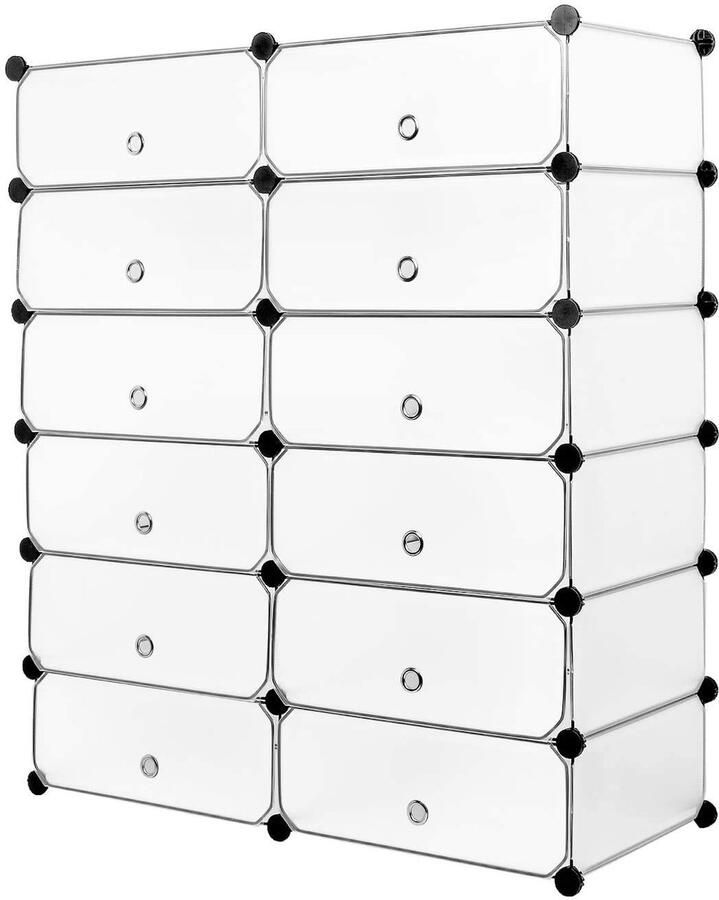 TheLau Schoenenrek met 12 Praktische Vakken voor Schoenen en Accessoires Wit en Halftransparant