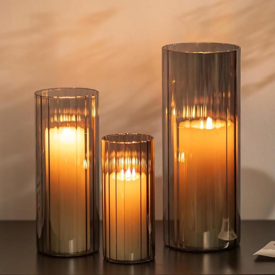 TheLau Set van 3 grijze zwarte kaarshouders voor pilaar kaarsen Cilinder kaarshouder vazen voor decoratie Orkaan kaarshouder Geschikt voor woonkamer en thuis tafels