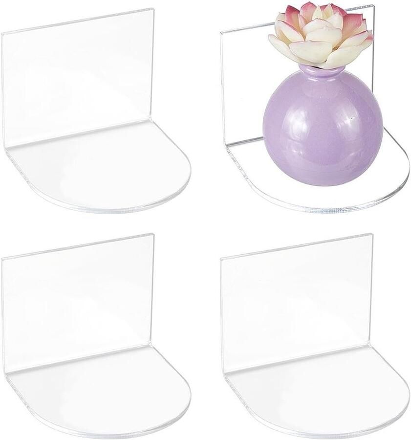Allecto plus Set van 4 transparante Zwevende Planken voor Badkamer Woonkamer en Kantoor. Wandmontage met Zelfklevende Acryl Planken