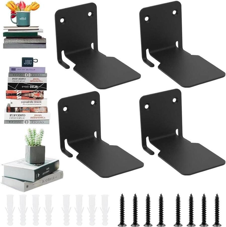 Allecto plus Set van 4 zwarte boekenplanken voor kantoor slaapkamer en woonkamer Zwevende boekenkast van robuust ijzer Inclusief montagemateriaal Stijlvolle en praktische opslagoplossing
