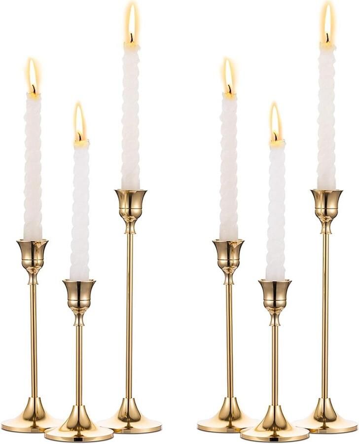 TheLau Set van 6 Goudkleurige Metalen Kandelaars Vintage Modern Decoratief met Conische Vorm voor Tafel Mantel Bruiloft & Housewarming