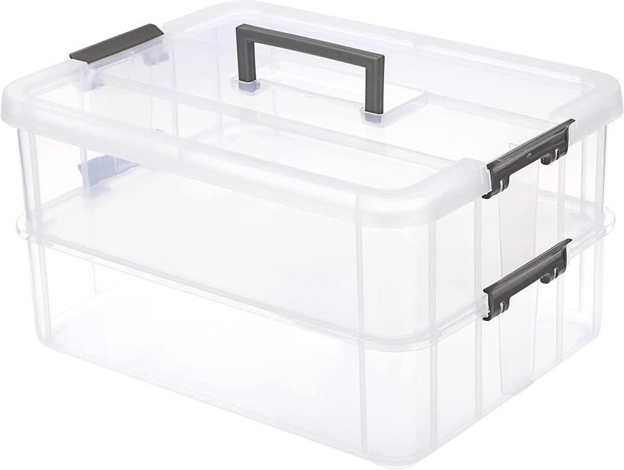 TheLau Stapelbare opbergdoos Verstelbare kunststof opbergdozen Transparante organizer voor kunst en naai-accessoires Donkergrijs