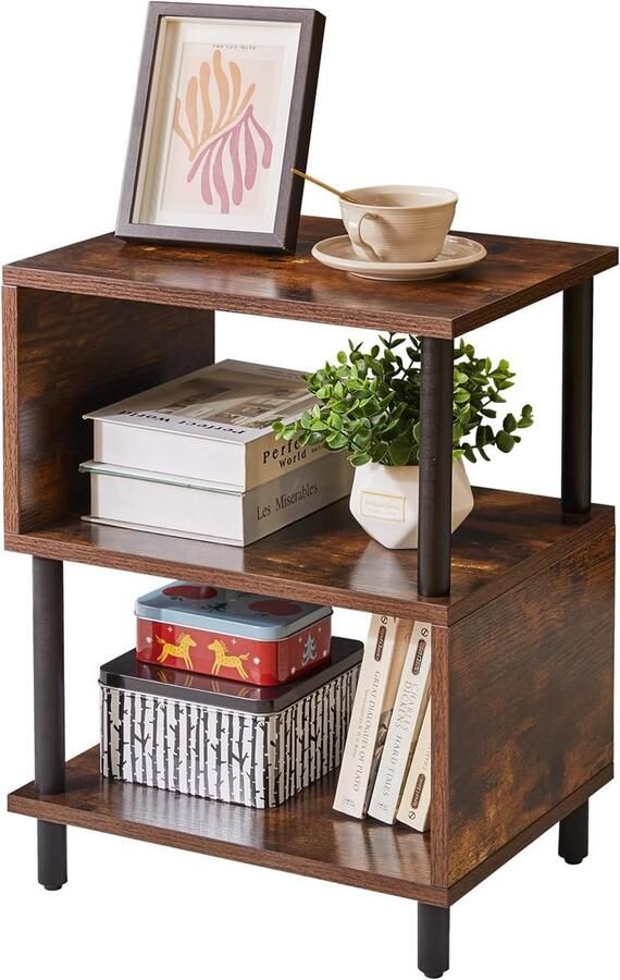 TheLau Stijlvolle Industriële Bijzettafel met Drievoudige Opbergruimte voor Compacte Interieurs