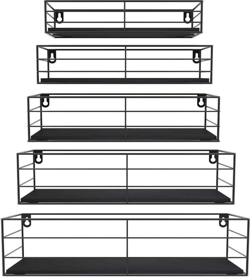 TheLau Stijlvolle Set van 5 Zwevende Wandplanken met Zwarte Metalen Staven en Houten Plank
