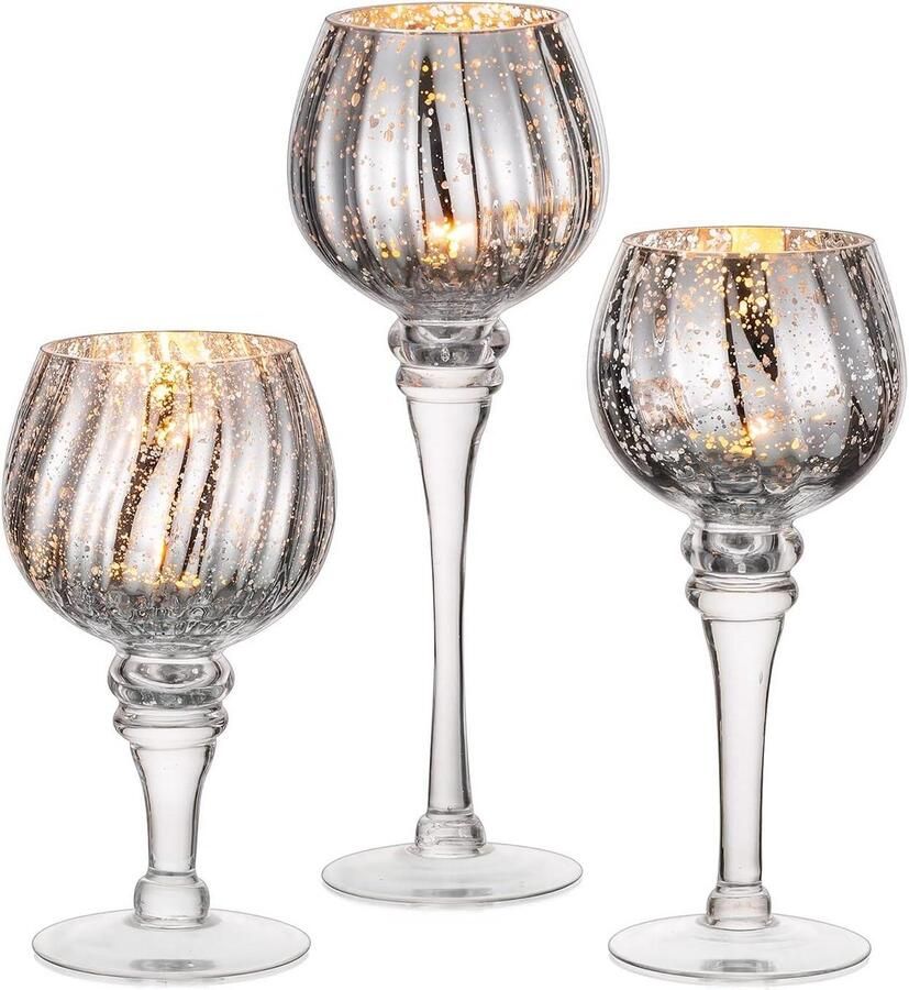 TheLau Theelichthouders van Glas 3 Stuks Hoge Kwik Waxinelichthouders Grote Zilveren Kaarshouder Glas Lange Steel Pijler Tafel Centerpiece voor Bruiloft Kerst Mantel en Open Haard Decoratie