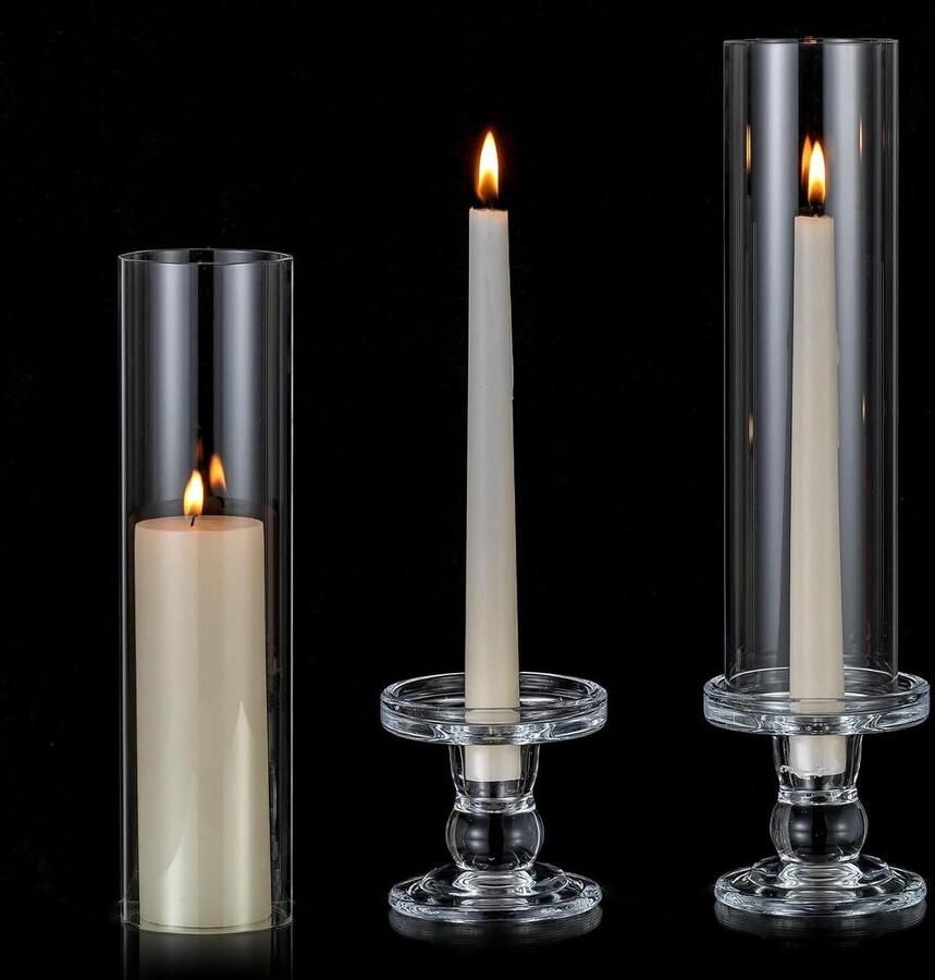 Allecto plus Glas Kaarshouders Set van 2 Transparante Lange Kandelaar voor Wedding Centrepieces Taper Kaarsenstandaard met Open Eindigend Glas Cilinder Kandelaar voor Pillar Kaarsen 35cm Decoratie voor Tafels