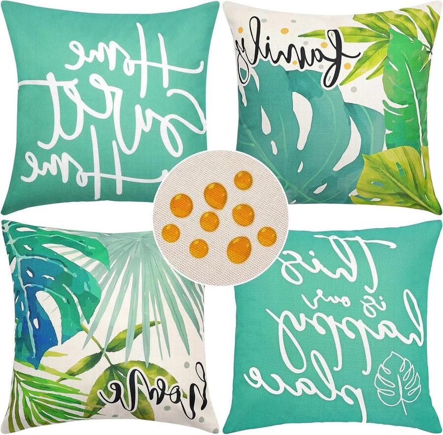 JGS Premium Waterdichte kussenslopen voor buiten 45 x 45 cm Set van 4 Tropische planten Decoratieve kussenslopen voor boerderij boho decor Terras bank tuin balkon Groen