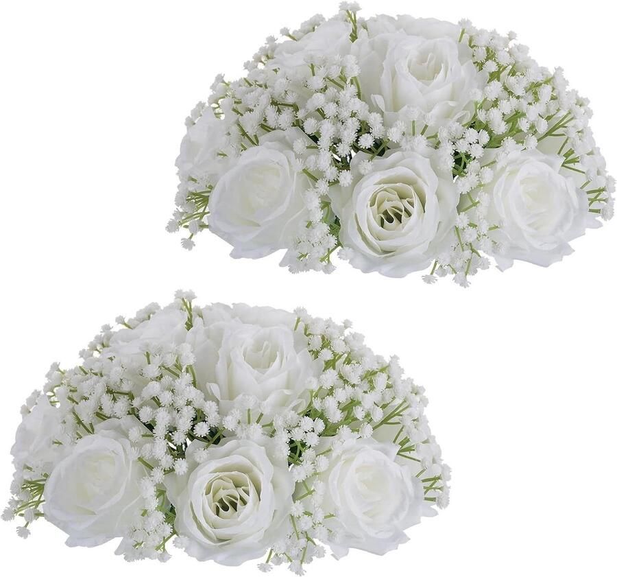 TheLau Witte Bloemen Bal Middenstukkens 2 Stuks 24cm DiameterDecoratieve Kunstmatige Roos Ballen voor Bruiloft Tafel Nep Gipskruid Baby Adem Bloemstuk voor Feest Receptie