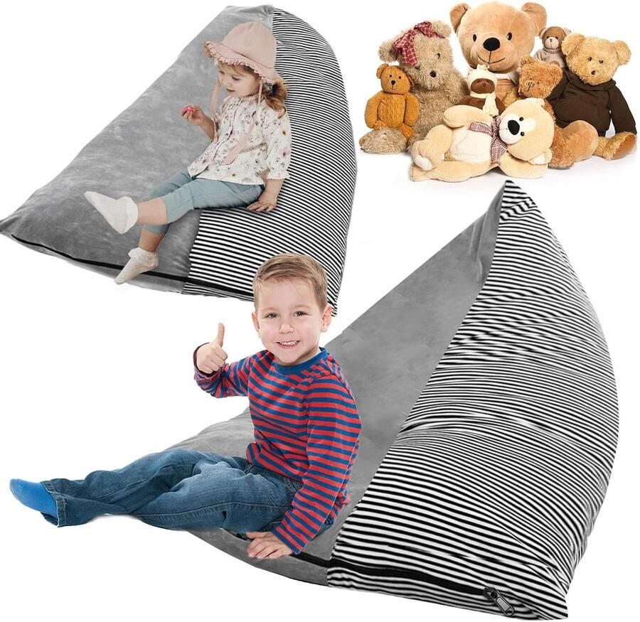 Allecto plus Zitzak voor kinderen met speelgoedopslag Opvouwbare opbergtas Extra groot 200 liter Strepen design