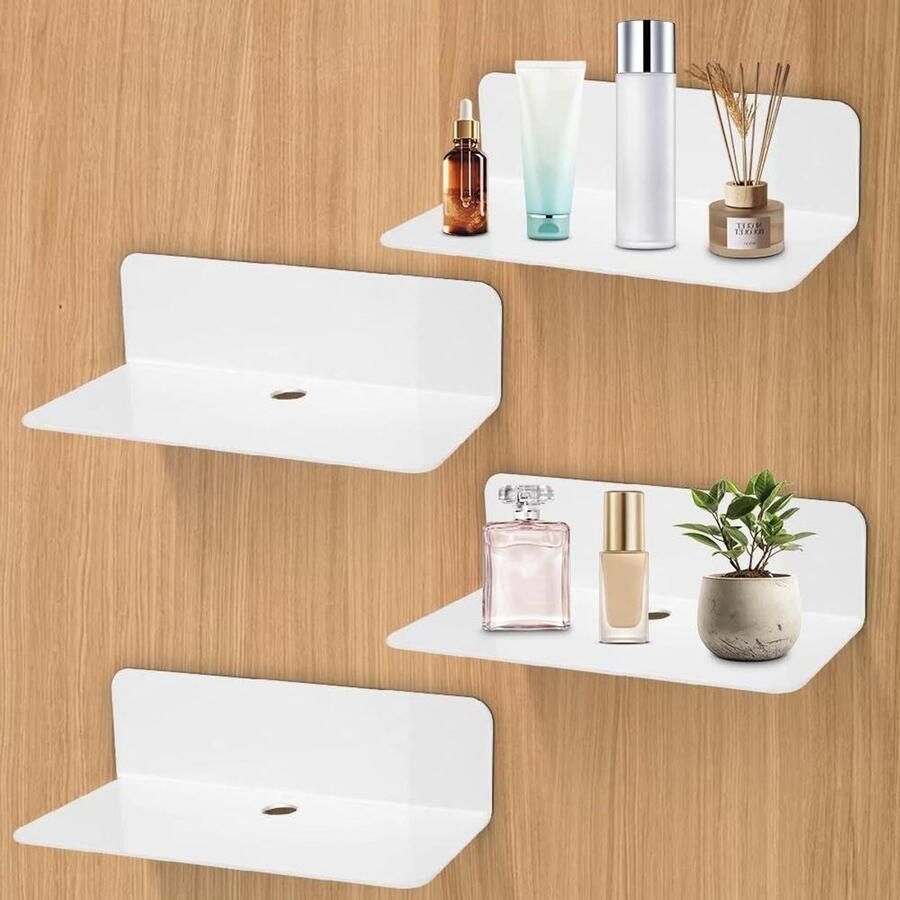 Allecto Plus Set van 4 klein wit wandrek zonder boren Uitbreidbaar acryl badkamerrek Zwevend hangrek voor woonkamer slaapkamer keuken