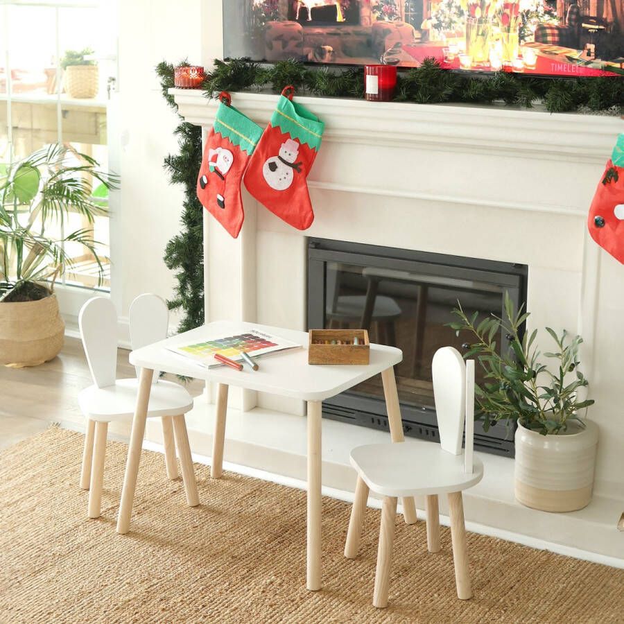 Eethoek set kinderen Kinderbureau Kinderstoelen Speeltafel Kindertafel met 2 Stoelen Konijn tafel en stoelen met konijnenoren Hoge kwaliteit houten