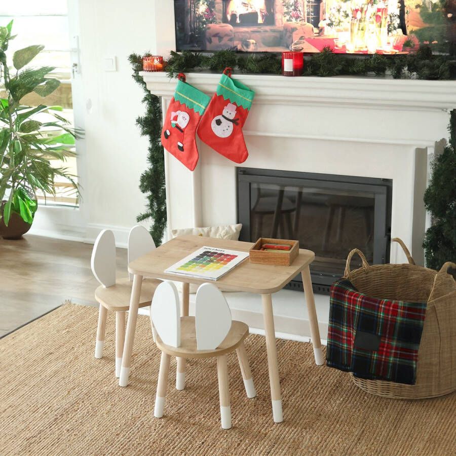 Eethoek set kinderen Kinderbureau Kinderstoelen Speeltafel Kindertafel met 2 Stoelen Konijn tafel en stoelen met konijnenoren Hoge kwaliteit houten - Foto 2