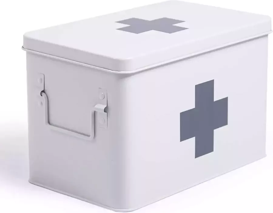 Theo&Cleo Medicijndoos metaal eerstehulp-koffer kast medicijnkast retro medicijnkast groot XXL 32 x 19 x 20 cm wit