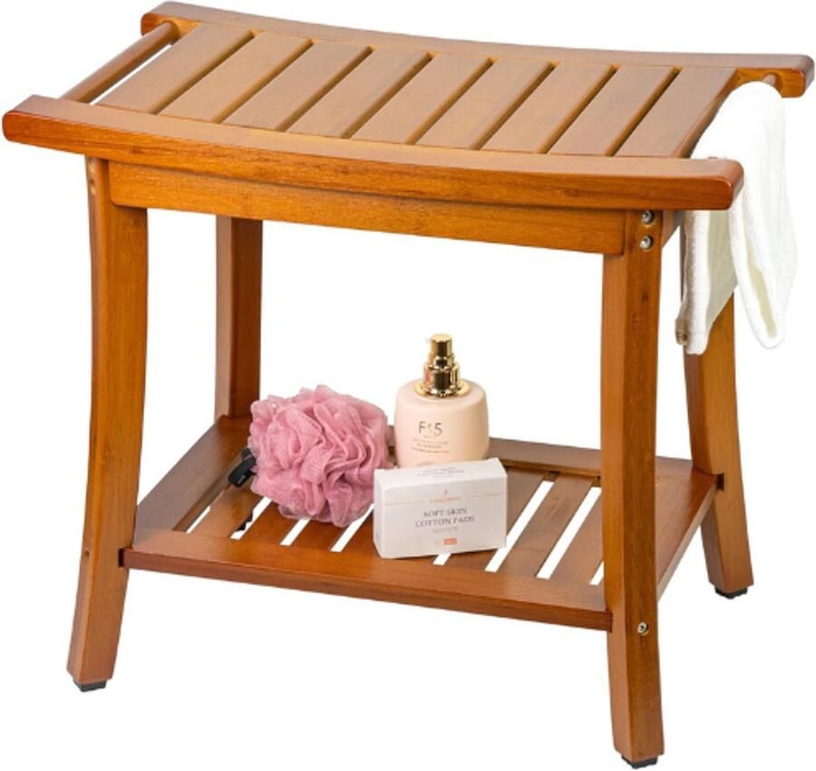 Thuys – Bamboe Douchebank – Badkamer Kruk – Met Handgrepen – Houten Badstoel – Met Opbergplank