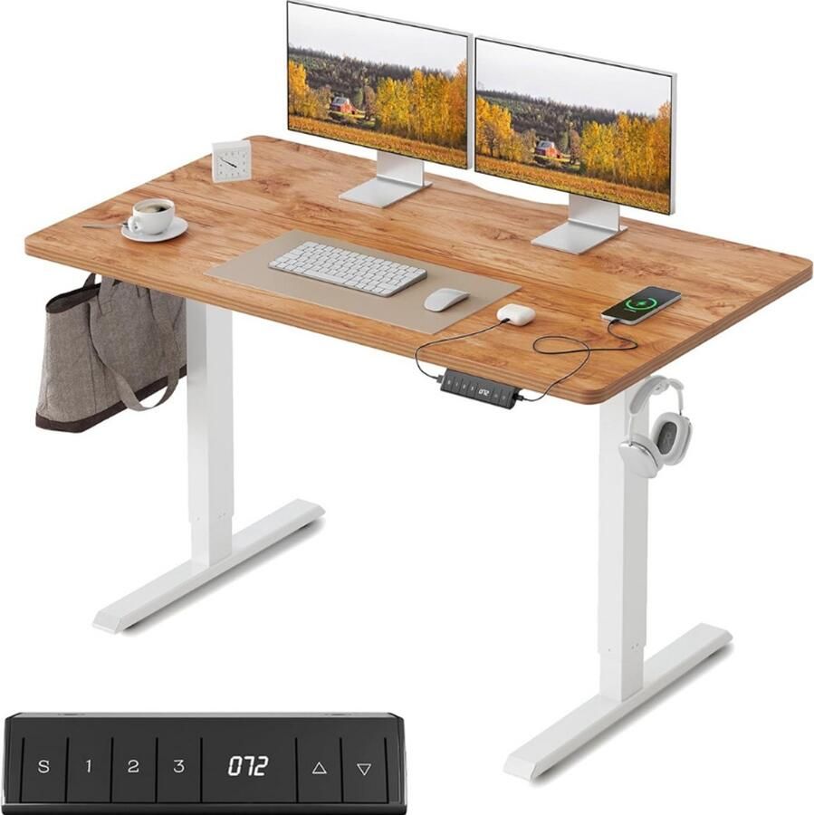 Thuys – Elektrisch Verstelbaar Bureau – 100 x 60 cm – Zit – Sta Werkplek Met Geheugenfunctie – Lichtbruin
