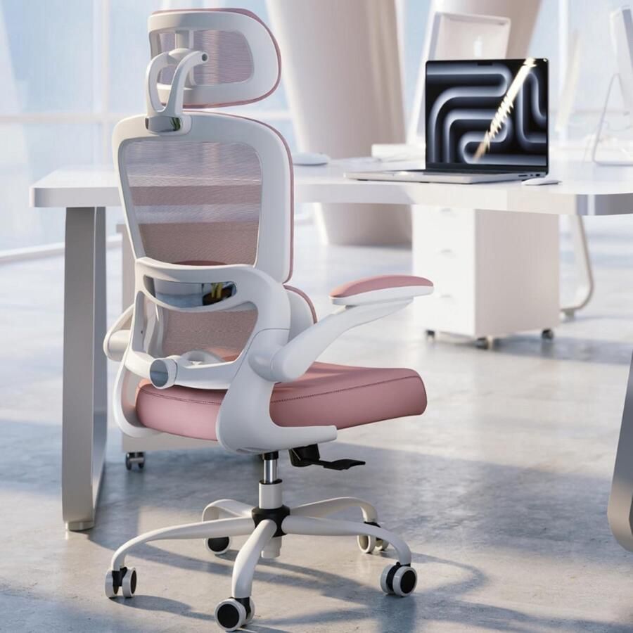 Thuys – Ergonomische Bureaustoel – Mesh Computerstoel – Met Wieltjes – Licht Roze